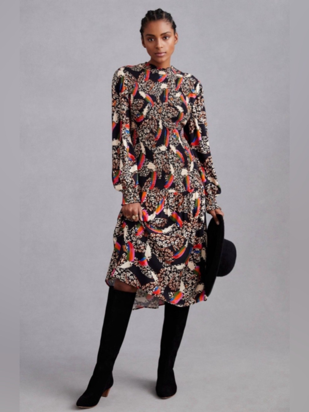 Farm Rio Leopard Toucans Midi Dress Size M Smocked Balloon Sleeve Boho NEW